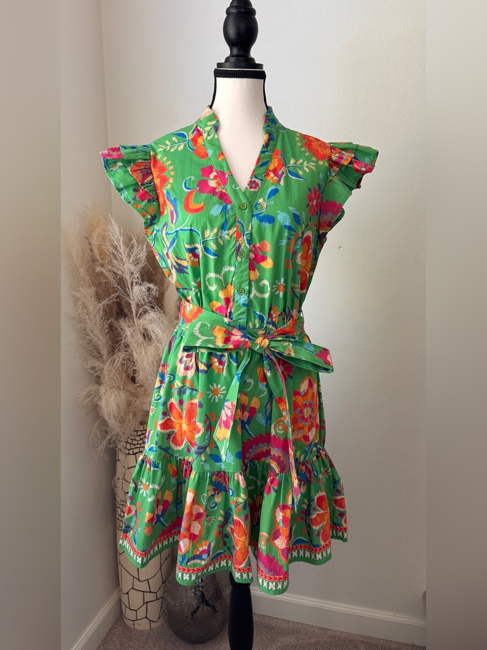 Flying Tomato Green Floral Belted Mini Dress